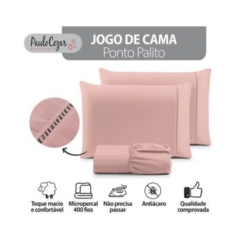 Jogo de Cama Casal Percal 400 Fios Ponto Palito 03 Peças, Antiácaro, Anti-pilling com Toque Macio – Rose