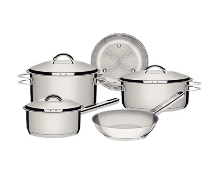 Jogo de Panelas Tramontina Solar em Aço Inox com Fundo Triplo e Tampas de Inox 5 Peças
