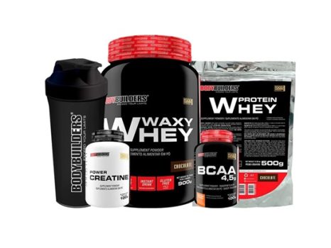 Kit Waxy Whey 900g + Whey Protein 500g + BCAA 100g + Power Creatina 100g + Coqueteleira – Bodybuilders Sabor Chocolate