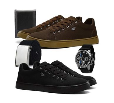 Kit 2 Tênis Skateboard Sport Masculino Confortável + Cinto e Carteira (PRETO-CAFE, 39)