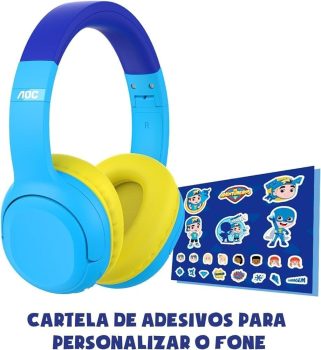 AOC – Headphone Bluetooth Luccas Neto Aventureiro Azul LN001BL/00 com adesivos para personalizar seu fone!