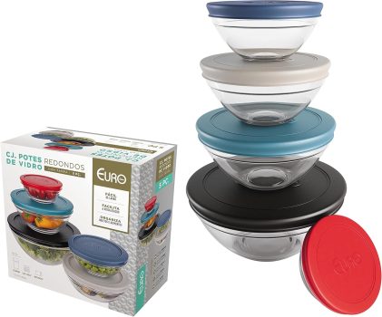 Conjunto com 5 potes de Vidro Redondos com Tampa Plástica, VDR7090-CO, Euro Home