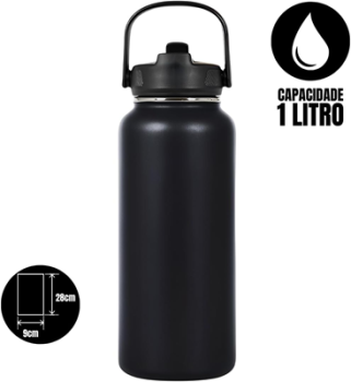 Garrafa Térmica de Água 1 Litro Com Alça e Sistema Antivazamento Em Aço Inoxidável Garrafinha Térmica de Água 1L em Inox (Preto)
