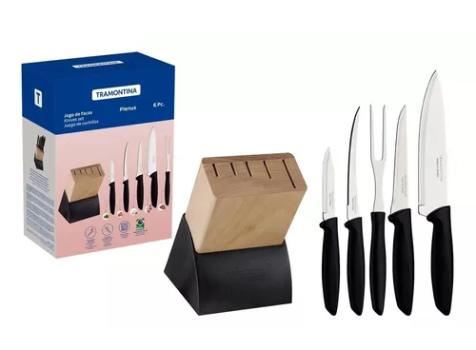Jogo De Facas Plenus Com 6 Peças em Aço Inox e Suporte De Madeira Tramontina