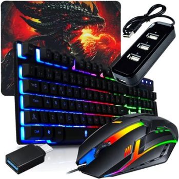 Kit Mobilador Gamer Teclado Semi Mecânico RGB + Mouse óptico Led em 7 Cores + Pad Speed Estampado (TIPO C)