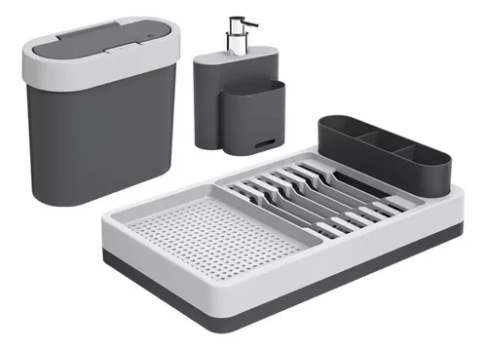 Kit Pia 3 Peças Em Polipropileno Linha Flat Coza Cor Cinza