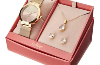 Kit Relógio Colar E Brinco Feminino Mimos E Sutilezas Condor Cor da correia Dourado Cor do bisel Dourado Cor do fundo Rosa