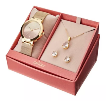 Kit Relógio Colar E Brinco Feminino Mimos E Sutilezas Condor Cor da correia Dourado Cor do bisel Dourado Cor do fundo Rosa
