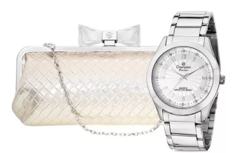 Relógio Feminino Champion Prata Analógico + Bolsa Clutch Cor da correia Prateado Cor do bisel Prateado Cor do fundo Branco