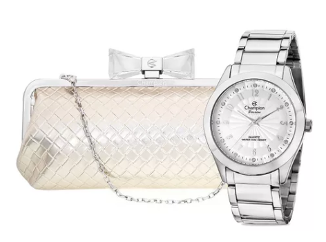 Relógio Feminino Champion Prata Analógico + Bolsa Clutch Cor da correia Prateado Cor do bisel Prateado Cor do fundo Branco