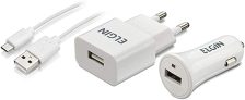 Kit Carregador USB de Tomada Bivolt, Carregador Veicular 1 Saída 1A, 5W e Cabo MicroUSB de 1 Metro, Elgin, 46RCK1USB00M, Branco