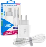 Kit Carregador de Parede Ultra Rápido com 1 Saída USB-C Power Delivery 20W + Cabo USB-C + USB-C I2GO 1,5m 3A Branco