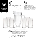 Mimo Style – Jogo de Jarra 1L e 6 Copos de Vidro 260ml | Transparente Linha Slim com Alto Relevo, Kit Prático para Sua Cozinha, Ideal para Servir Água, Suco e Outras Bebidas