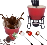 Conjunto Fondue Em Cerâmica Redondo 9 Peças 300ml Chocolate Queijo – 3 Velas (Vermelho)