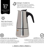 Mimo Style Cafeteira Italiana Moka de Aluminio Com Alça Café Expresso Para 6 Cafézinhos, Capacidade 300 ml, Feita de Materiais Leves e de Alta Qualidade Ideal Para sua Cozinha