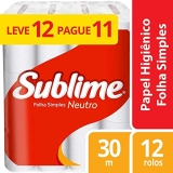 Papel Higiênico Sublime Folha Simples Neutro, Branco, 12 rolos