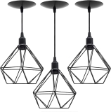 Combo Kit com 3 Pendentes Aramado Diamante Preto Luminária Metal Lustre 18Cm Sala
