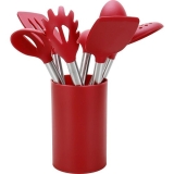 Conjunto de Utensílios de Silicone 7 Peças com Suporte Vermelho e Cabo em Inox – Casual Home
