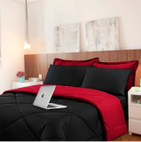Kit 6 Pçs com Edredom e Lençol Aconchego Casa Dona Dupla Face Casal Queen Preto e Vermelho