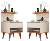 KIT 2 Mesas De Cabeceira Modelo Sleep Com Gaveta Pés Pinus Amadeirado (OffWhite-Nature)