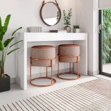 Kit Puff Redondo Iron Base Cobre Tecido Linho Bege