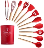 Kit de Utensílios p/Cozinha em Silicone e Bambu 12 Peças – Vermelho
