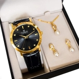 Relógio Feminino Champion Analógico Couro Preto CN20622K + Kit Colar e Brincos