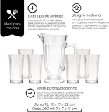Mimo Style Jogo de Jarra 1L e 6 Copos de Vidro 260ml Transparente Linha Slim com Alto Relevo, Kit Prático para Sua Cozinha, Ideal para Servir Água, Suco e Outras Bebidas