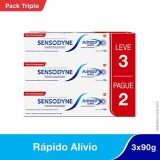 Sensodyne Rápido Alívio Creme Dental para Dentes Sensíveis Kit Leve 3 Pague 2, 90g cada, Branco