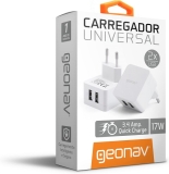 Carregador de Parede 17W (Bivolt 110-220V) USB 3.4A, Branco, CH34AC, Geonav